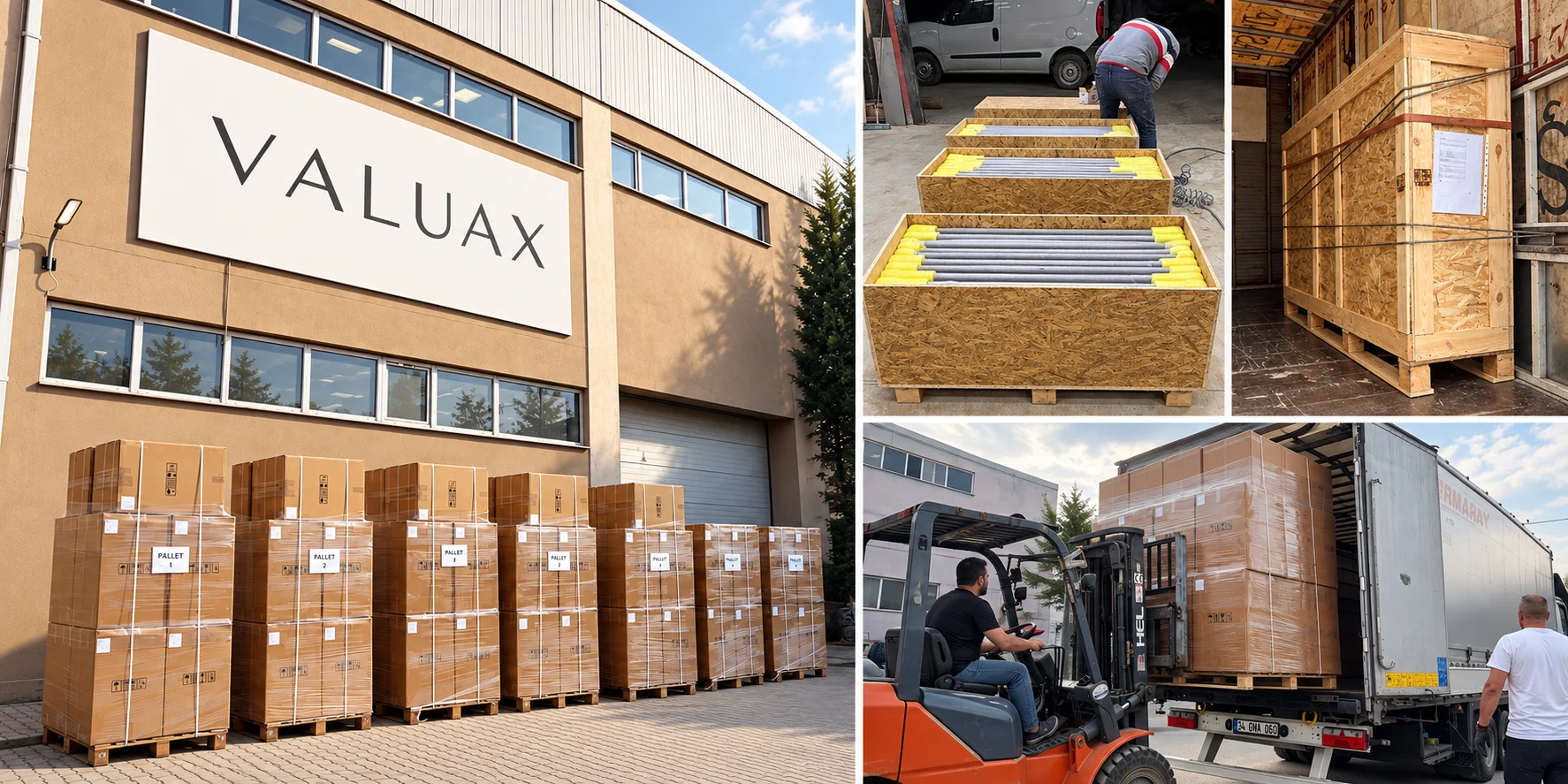 Valuax furniture packaging, protective crates and delivery loading collage